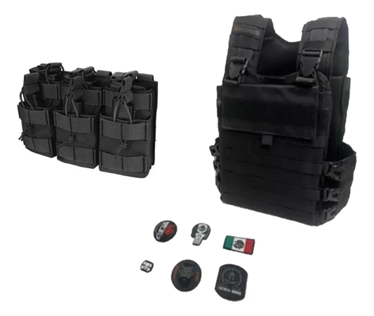 Combo Chaleco Lastre Porta Placas Seguridad + Porta Cargadores + Parches