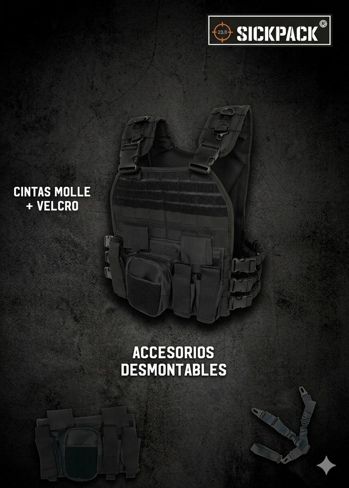 Chaleco Bungee Porta Placas Con Portafusil y Cartuchera Con Sistema Molle