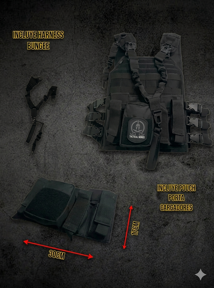 Chaleco Bungee Porta Placas Con Portafusil y Cartuchera Con Sistema Molle